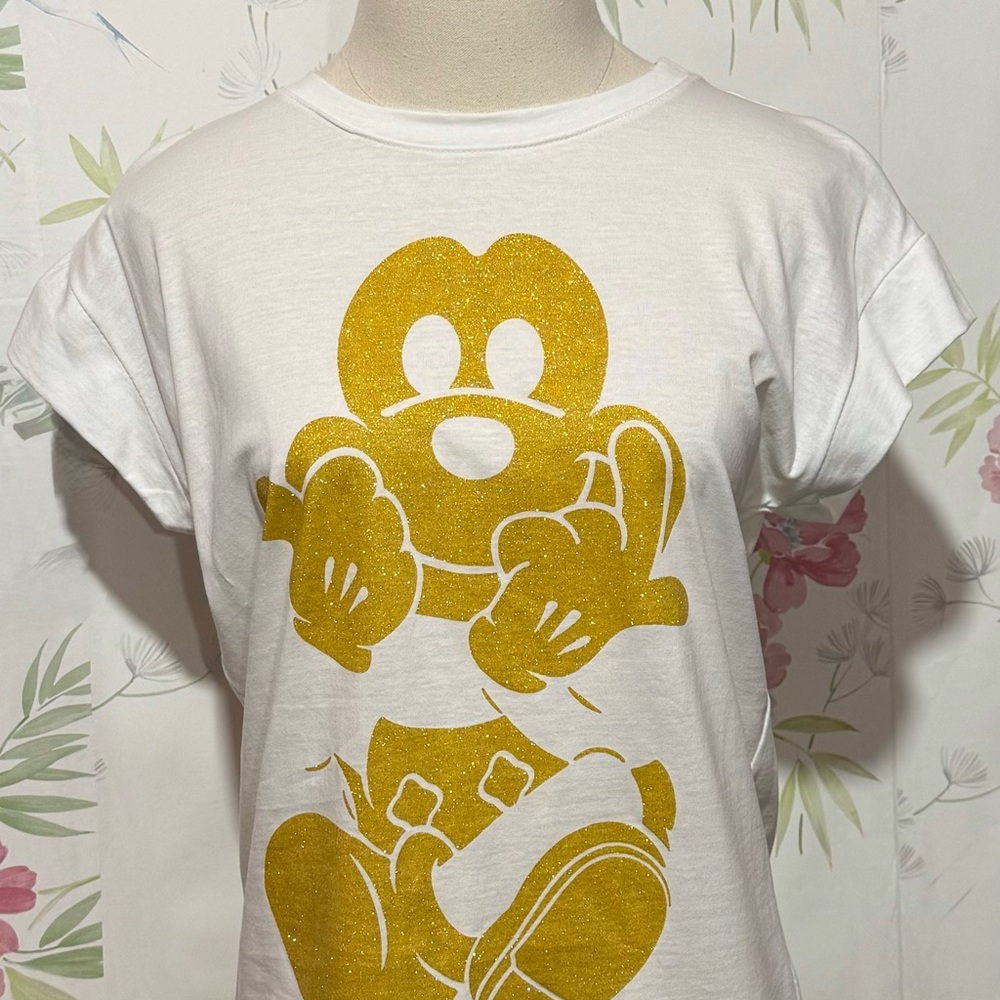 White and Gold Short Sleeve Tee with Cartoon Graphic